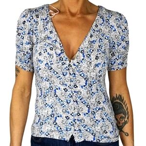 Free People Floral V Neck Buttonup Size Small Blue